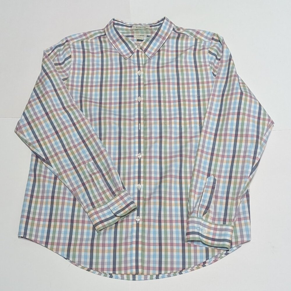 L.L. Bean Women's Wrinkle-Free Pinpoint Oxford Shirt, Long-Sleeve Plaid, Size L